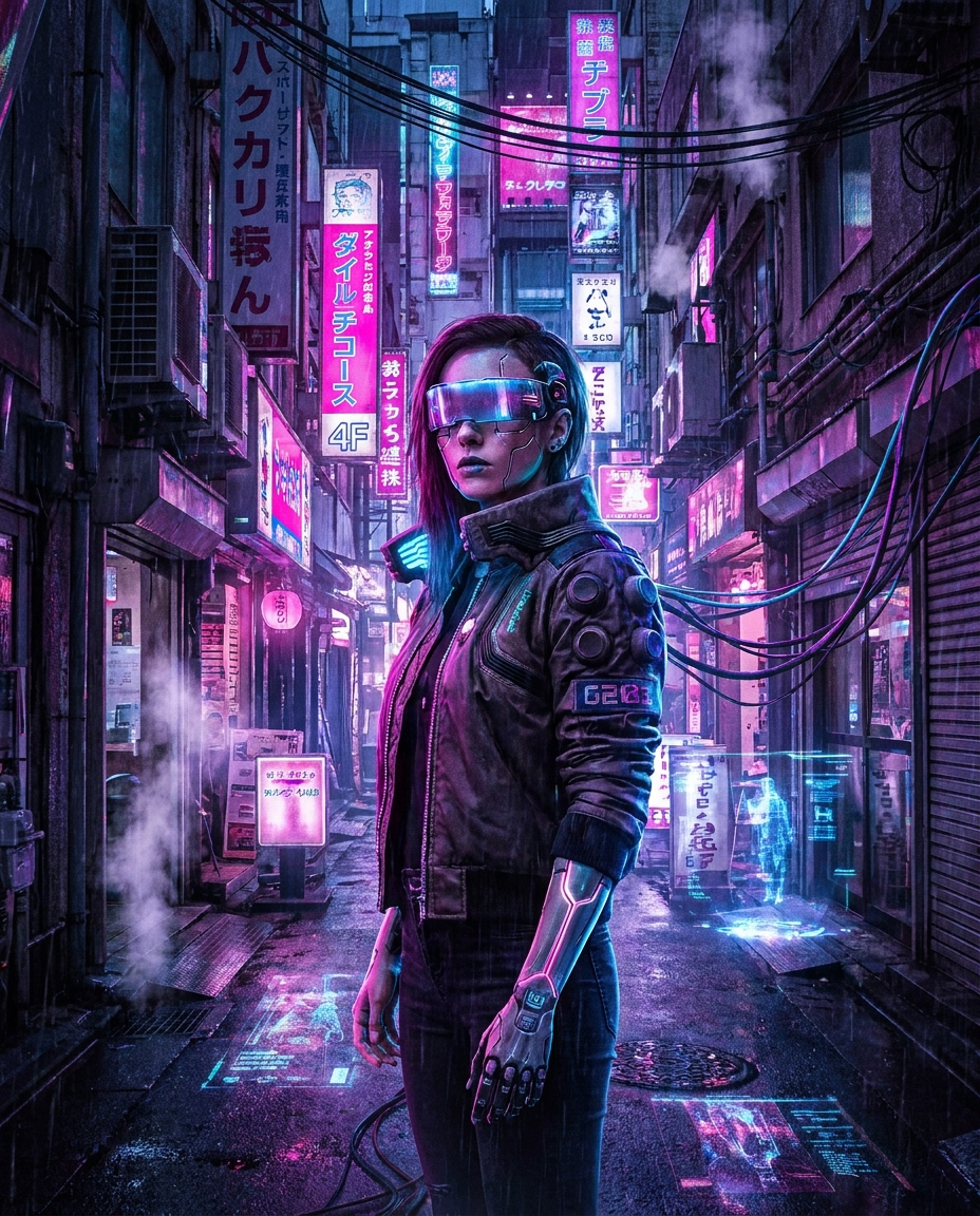 Cyberpunk: A cyberpunk scene of a woman with cybernetic implants, standing in a neon-lit alley. Vivid neon pinks and blues, style of Blade Runner, hyper-detailed.