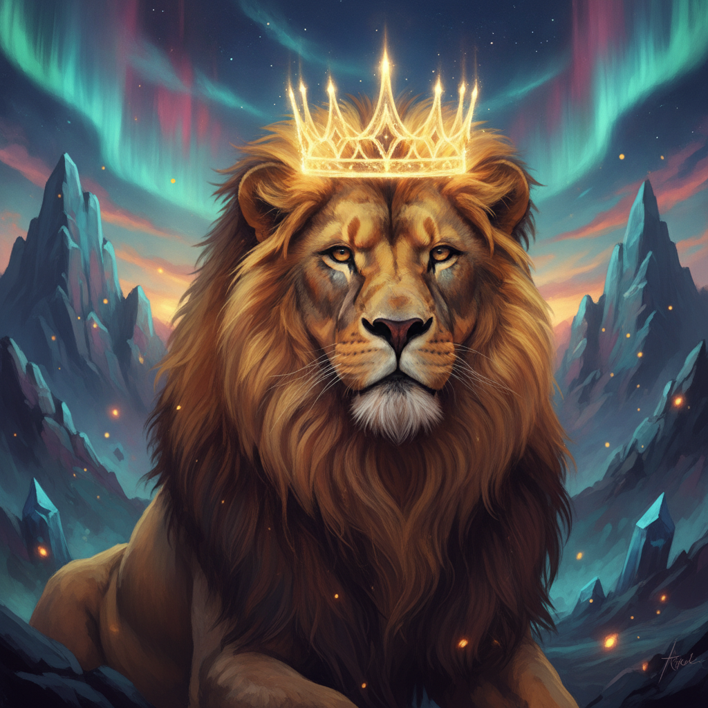 A majestic lion wearing a crown of golden light, digital art, vibrant colors