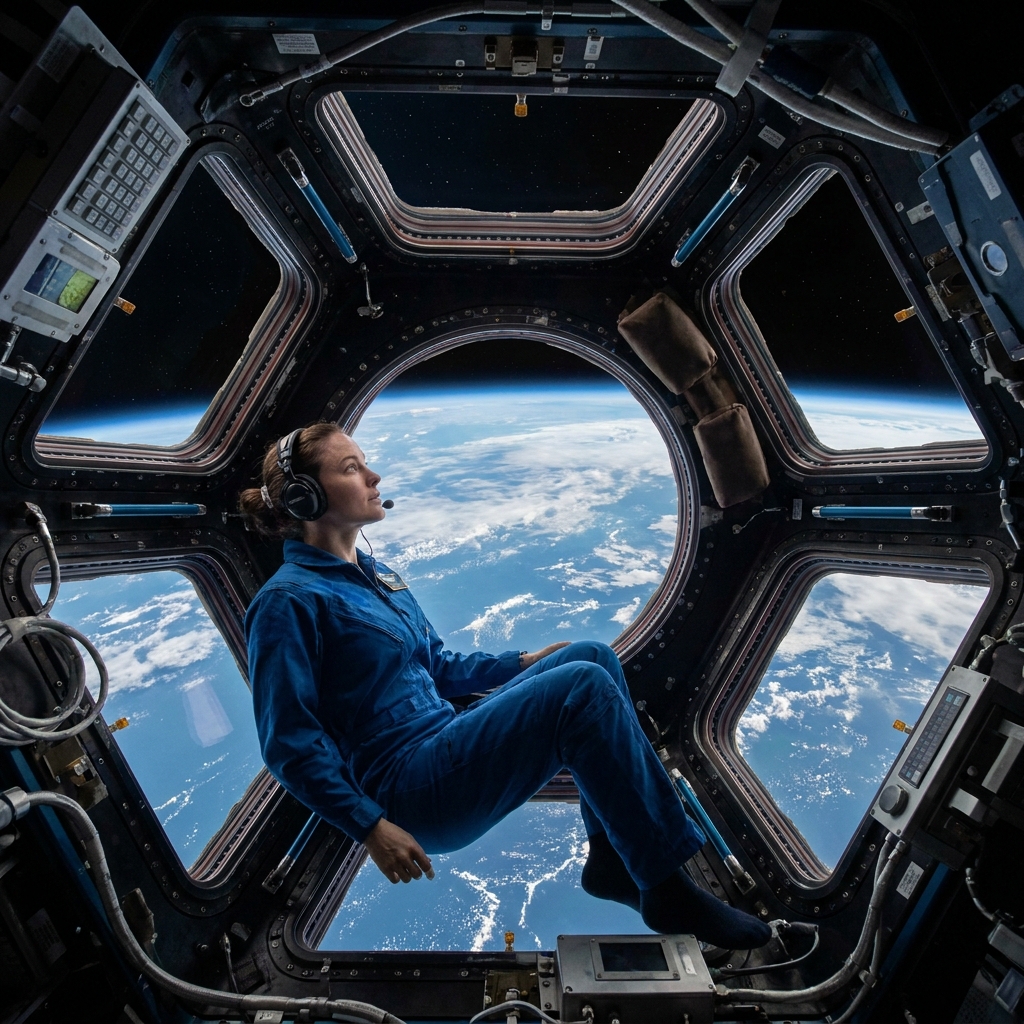 I've generated an image based on: a cinematic, photorealistic shot of a female astronaut floating weightlessly inside the cupola observatory of the international space station. through the large, panoramic curved windows, a breathtaking view of the earth is visible, showcasing vibrant blue oceans, swirling white clouds, and the delicate atmosphere glowing against the deep, infinite blackness of space. inside the module, soft ambient light from control panels and the earth's reflection illuminates her face, capturing an expression of profound awe. highly detailed metallic textures of the space station's interior, switches, and grab bars. epic composition, 8k resolution, photorealistic, dramatic sci-fi lighting, rendering the powerful 'overview effect'.